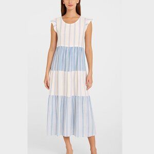MARGAUX RIVIERA L Midi Stripe Tiered Cotton Dress Pockets Relaxed Blue White